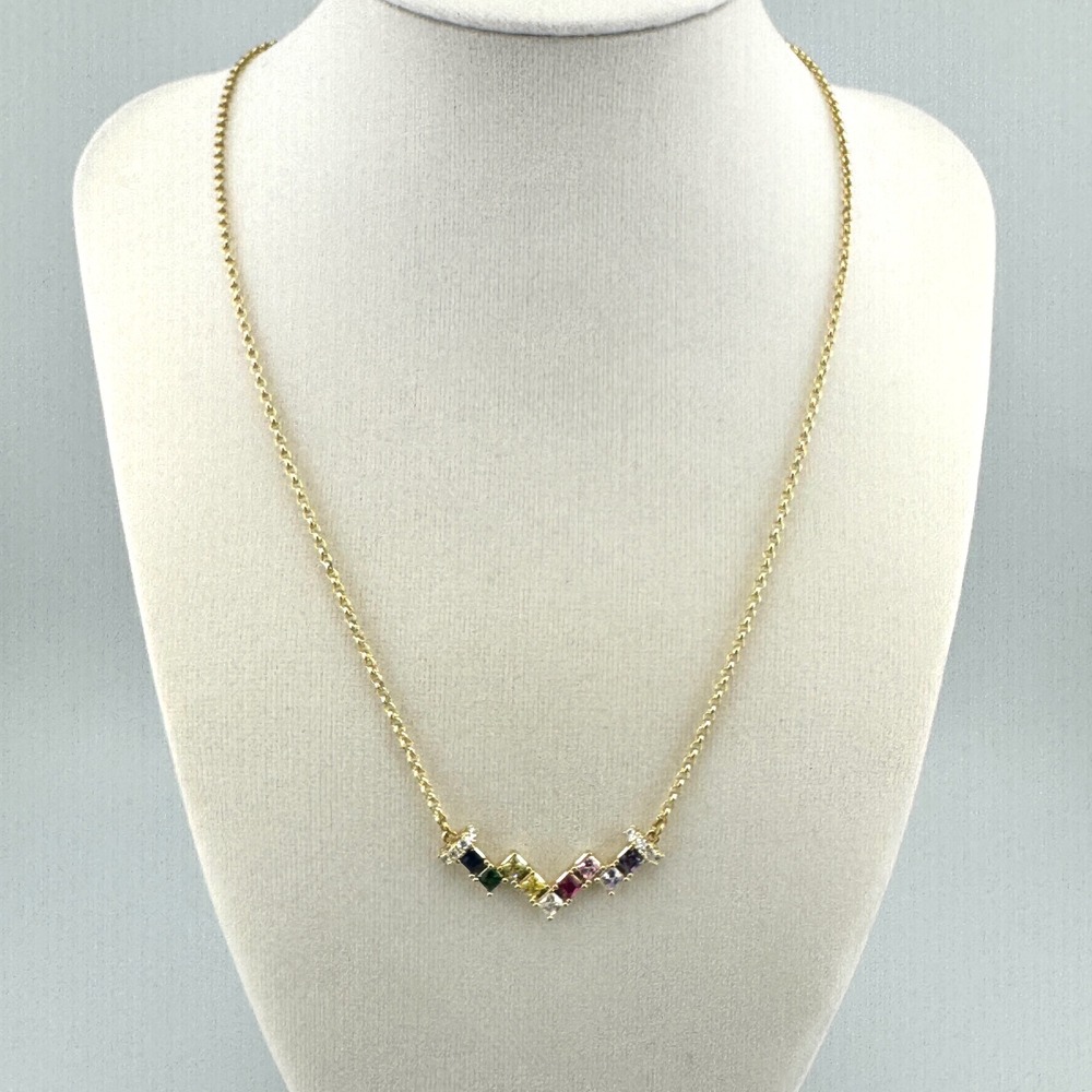 Gold Tone Rainbow Crystal Chevron Pendant Necklace Multi Color Princess Cut - Picture 3 of 4